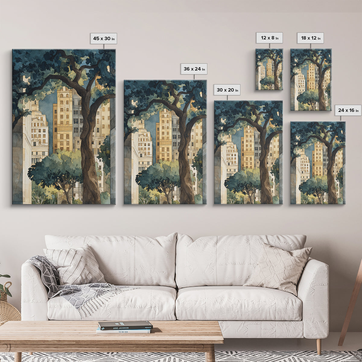 City Park Tree Framed by Buildings Framed Canvas Print, Urban Art, Boho Decor, Living Room Decor, Abstract Art, Urban, URB-2x3-2