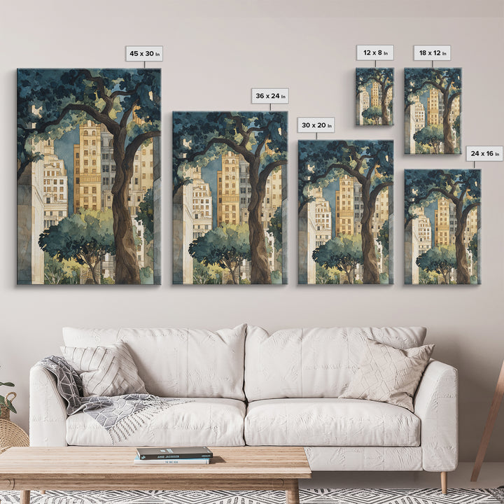 City Park Tree Framed by Buildings Framed Canvas Print, Urban Art, Boho Decor, Living Room Decor, Abstract Art, Urban, URB-2x3-2