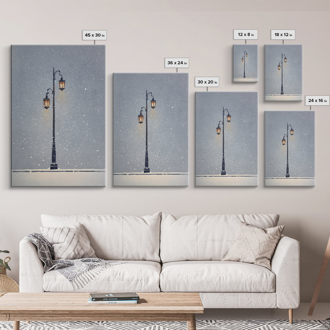 Streetlamp and Falling Snow Framed Canvas Print, Urban Art, Contemporary Art, Living Room Decor, Oil Painting, Urban, URB-2x3-21