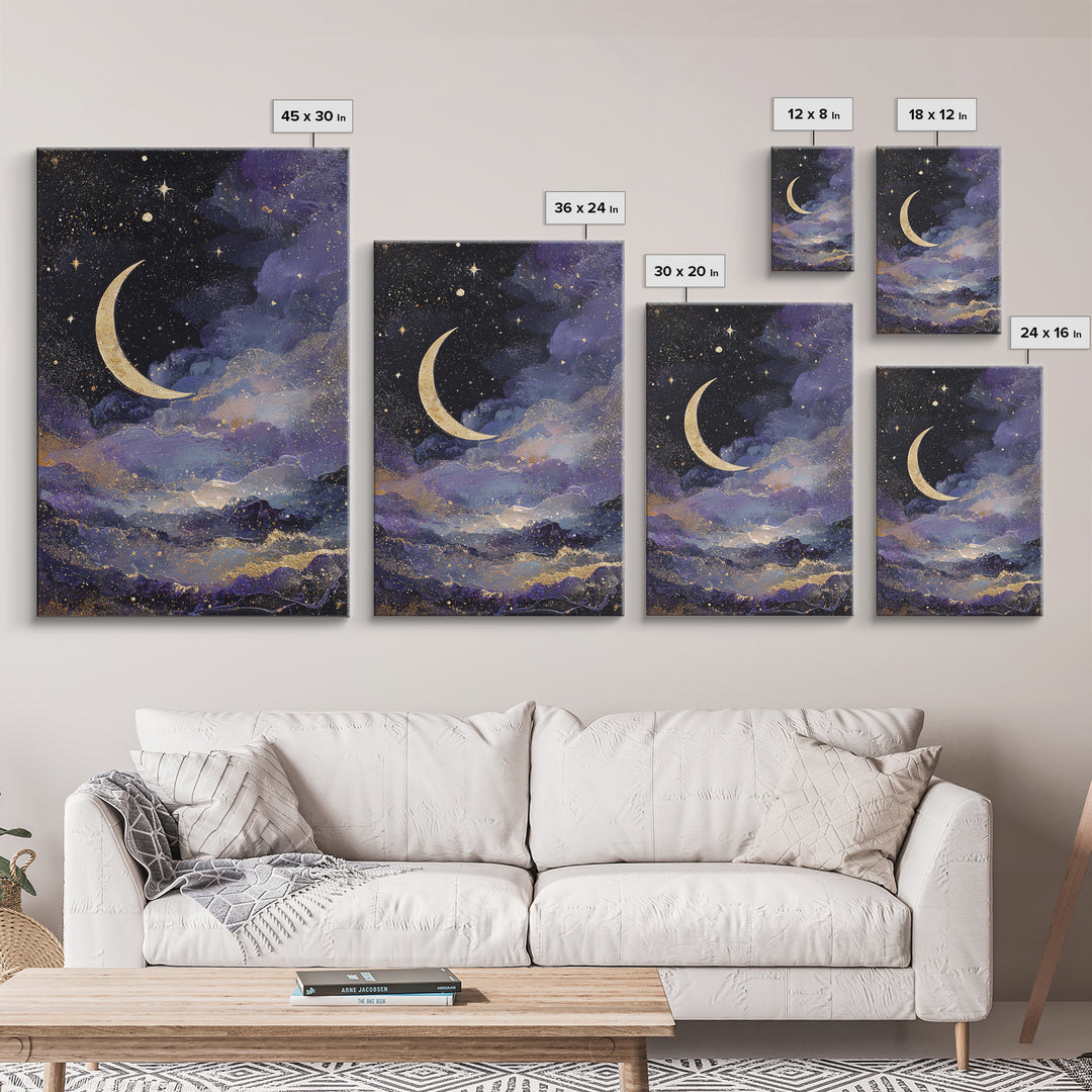 Night Skyline under Crescent Moon Canvas Print, Urban Art, Black Girl Wall Art, Living Room Decor, Abstract Art, Urban, URB-2x3-32