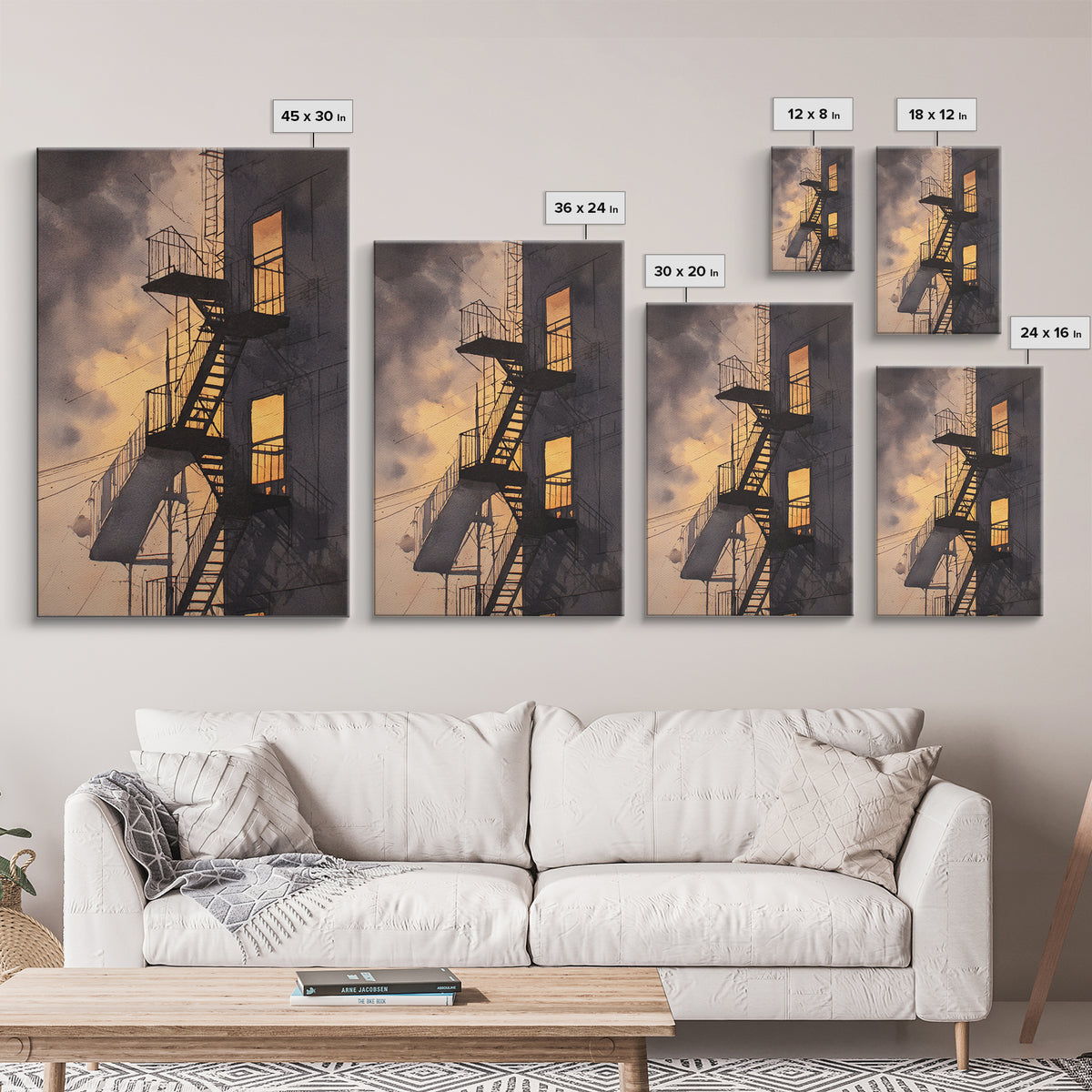 Fire Escape Silhouette Framed Canvas Print, Urban Art, Contemporary Art, Living Room Decor, Fine Art, Urban, Black Art, URB-2x3-34