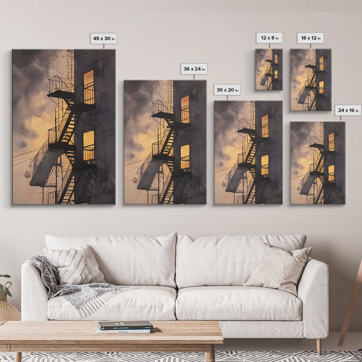 Fire Escape Silhouette Framed Canvas Print, Urban Art, Contemporary Art, Living Room Decor, Fine Art, Urban, Black Art, URB-2x3-34