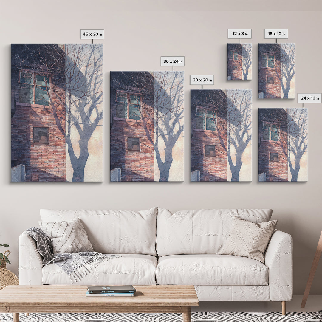 Brick Wall and Window Shadows as Geometry Framed Canvas Print, Urban Art, Wall Decor, Living Room Decor, Fine Art, Urban, URB-2x3-37