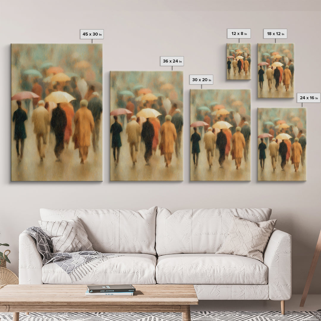 Rain Umbrella Figures Framed Canvas Print, Urban Art, Statement Artwork, Living Room Decor, Fine Art, Urban, Wall Decor, URB-2x3-4