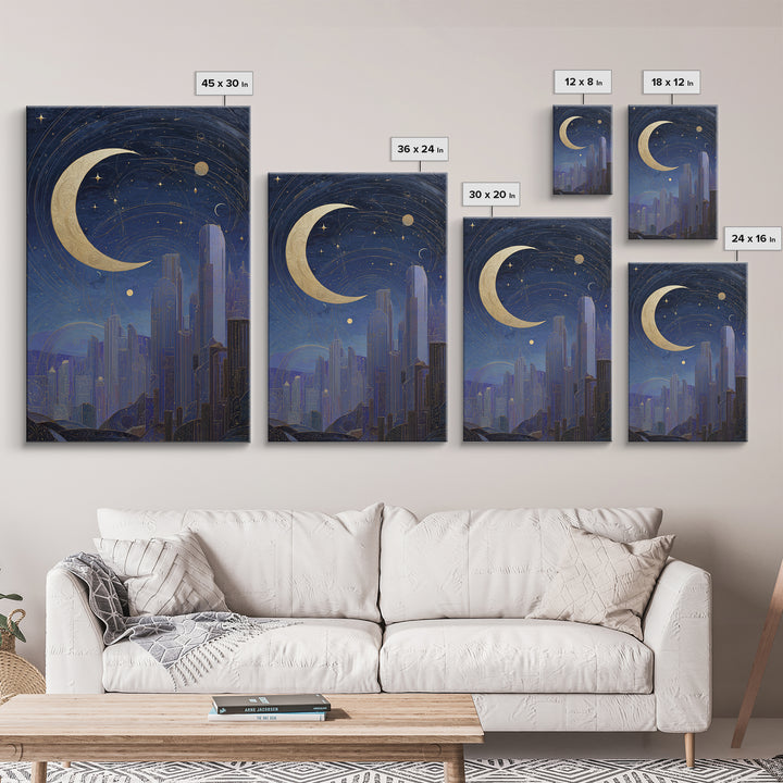 Night Skyline under Crescent Moon Framed Canvas Print, Urban Art, Neutral Decor, Living Room Decor, Fine Art, Urban, Wall Art, URB-2x3-56
