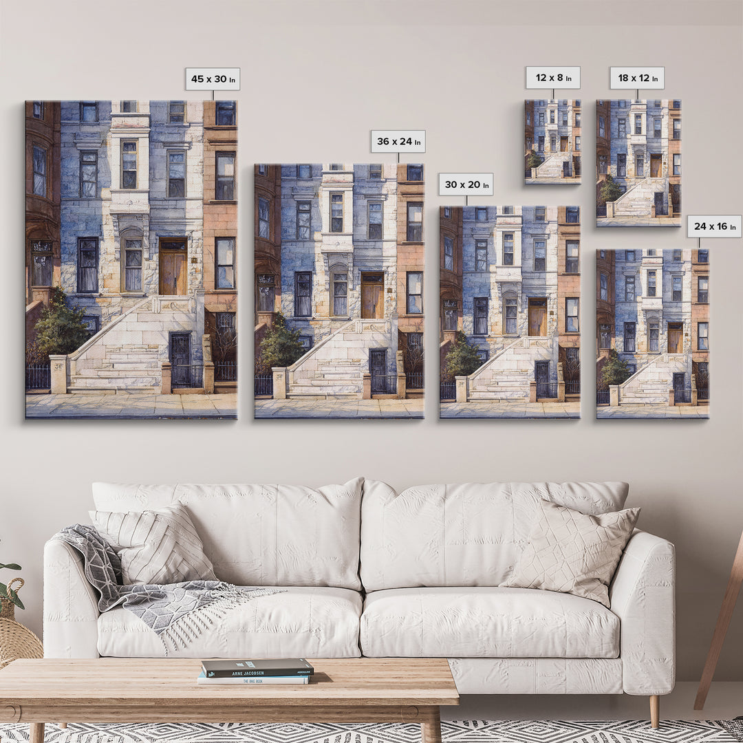 Brownstone Row in Soft Morning Light Framed Canvas Print, Urban Art, Art Deco, Living Room Decor, Urban, Book Shelf Decor, URB-2x3-68