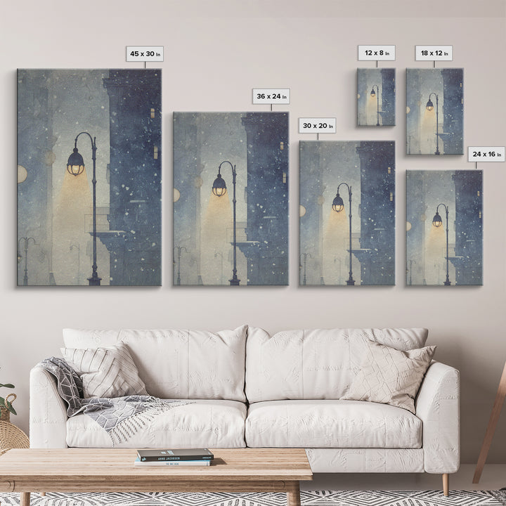 Streetlamp and Falling Snow Framed Canvas Print, Urban Art, Textured Wall Art, Living Room Decor, Urban, Digital Download Art, URB-2x3-93