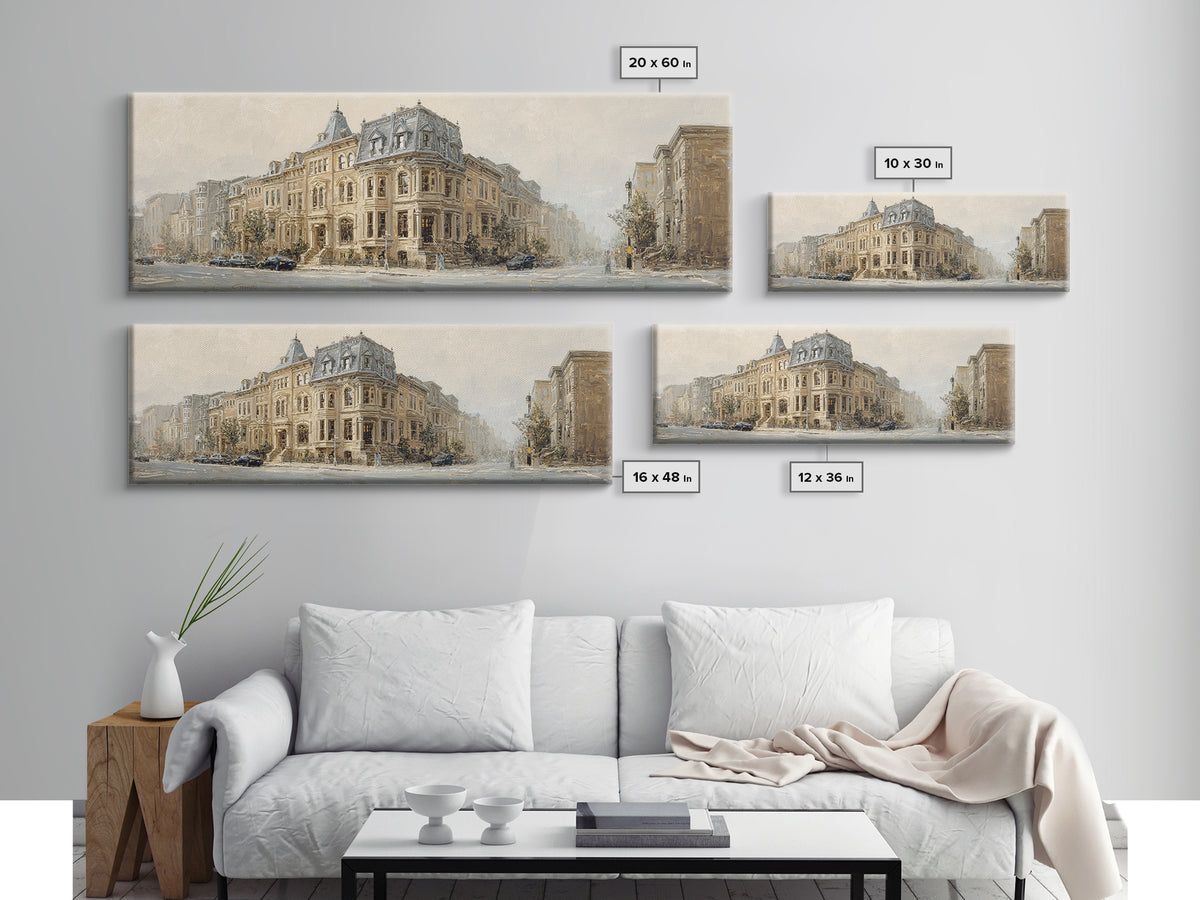 Brownstone Row in Soft Morning Light Canvas Print, Urban Art, Modern Decor, Living Room Decor, Abstract Art, Urban, Home Decor, URB-3x1-100