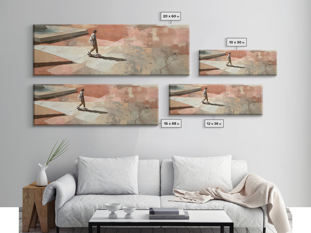 Skateboarder Crossing a Concrete Plaza Framed Canvas Print, Urban Art, Boho Decor, Living Room Decor, Fine Art, Urban, URB-3x1-23