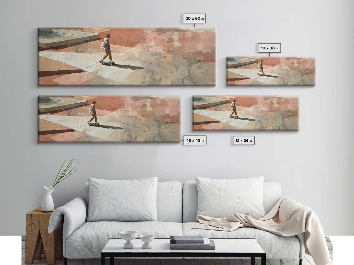 Skateboarder Crossing a Concrete Plaza Framed Canvas Print, Urban Art, Boho Decor, Living Room Decor, Fine Art, Urban, URB-3x1-23