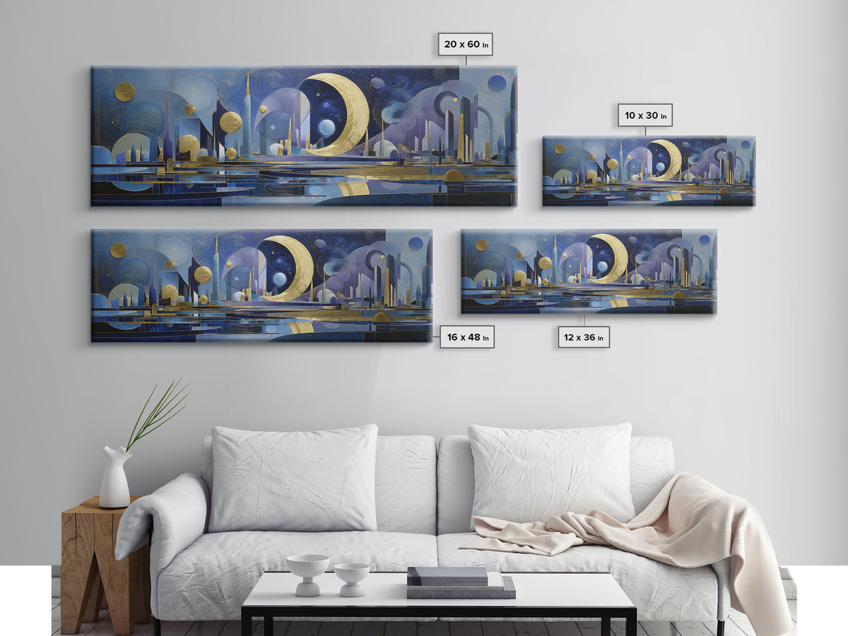 Night Skyline under Crescent Moon Canvas Print, Urban Art, Gallery Decor, Living Room Decor, Fine Art, Urban, Contemporary Art, URB-3x1-40