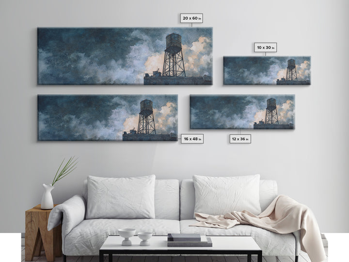 Rooftop Water Tower Canvas Print, Urban Art, Black Art Prints, Living Room Decor, Abstract Art, Urban, Neutral Decor, URB-3x1-49