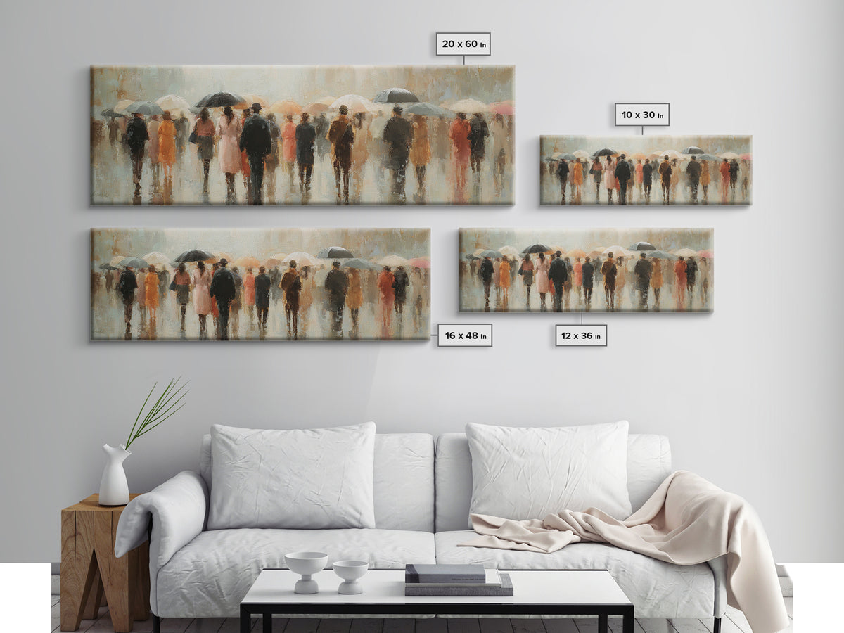 Rain Umbrella Figures Framed Canvas Print, Urban Art, Boho Decor, Living Room Decor, Fine Art, Urban, Digital Prints, URB-3x1-60