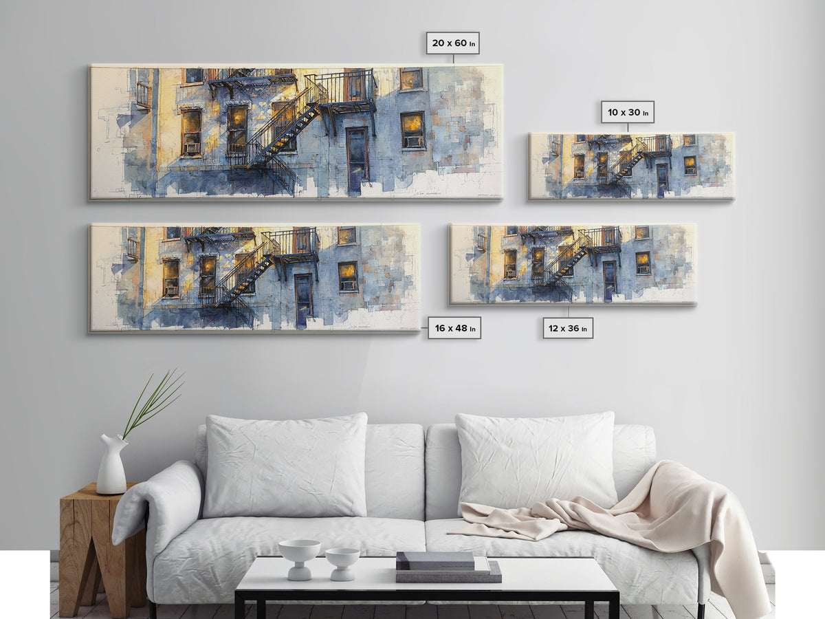 Fire Escape Silhouette Framed Canvas Print, Urban Art, Book Shelf Decor, Living Room Decor, Fine Art, Urban, Modern Decor, URB-3x1-90
