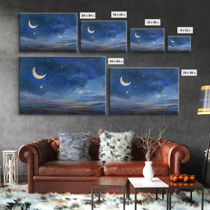 Night Skyline under Crescent Moon Framed Canvas Print, Urban Art, Fine Art Print, Living Room Decor, Abstract Art, Urban, URB-3x2-100