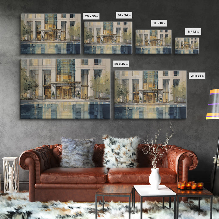 Modern Skyscraper Glass Reflections Framed Canvas Print, Urban Art, Art Deco, Living Room Decor, Urban, Book Shelf Decor, URB-3x2-18