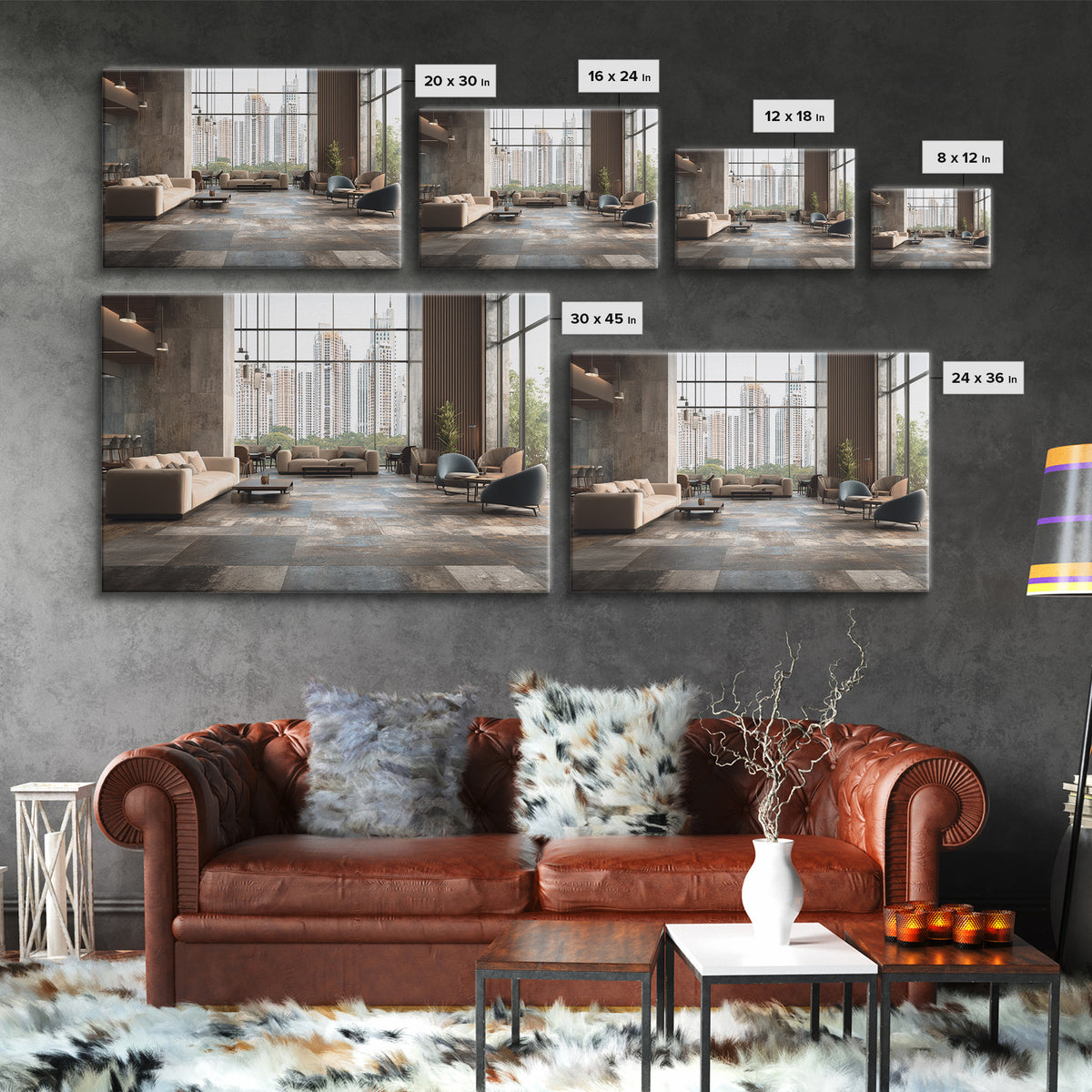 Moody City Skyline Reflected Framed Canvas Print, Urban Art, Black Art Prints, Living Room Decor, Urban, Neutral Decor, URB-3x2-5