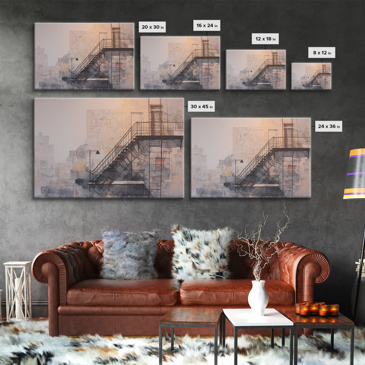 Fire Escape Silhouette Framed Canvas Print, Urban Art, Textured Wall Art, Living Room Decor, Urban, Digital Download Art, URB-3x2-6