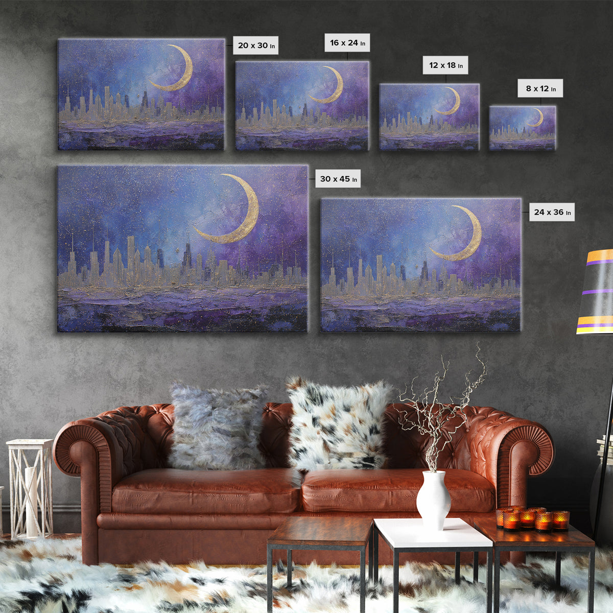 Night Skyline under Crescent Moon Canvas Print, Urban Art, Basketball Wall Art, Living Room Decor, Abstract Art, Urban, URB-3x2-76