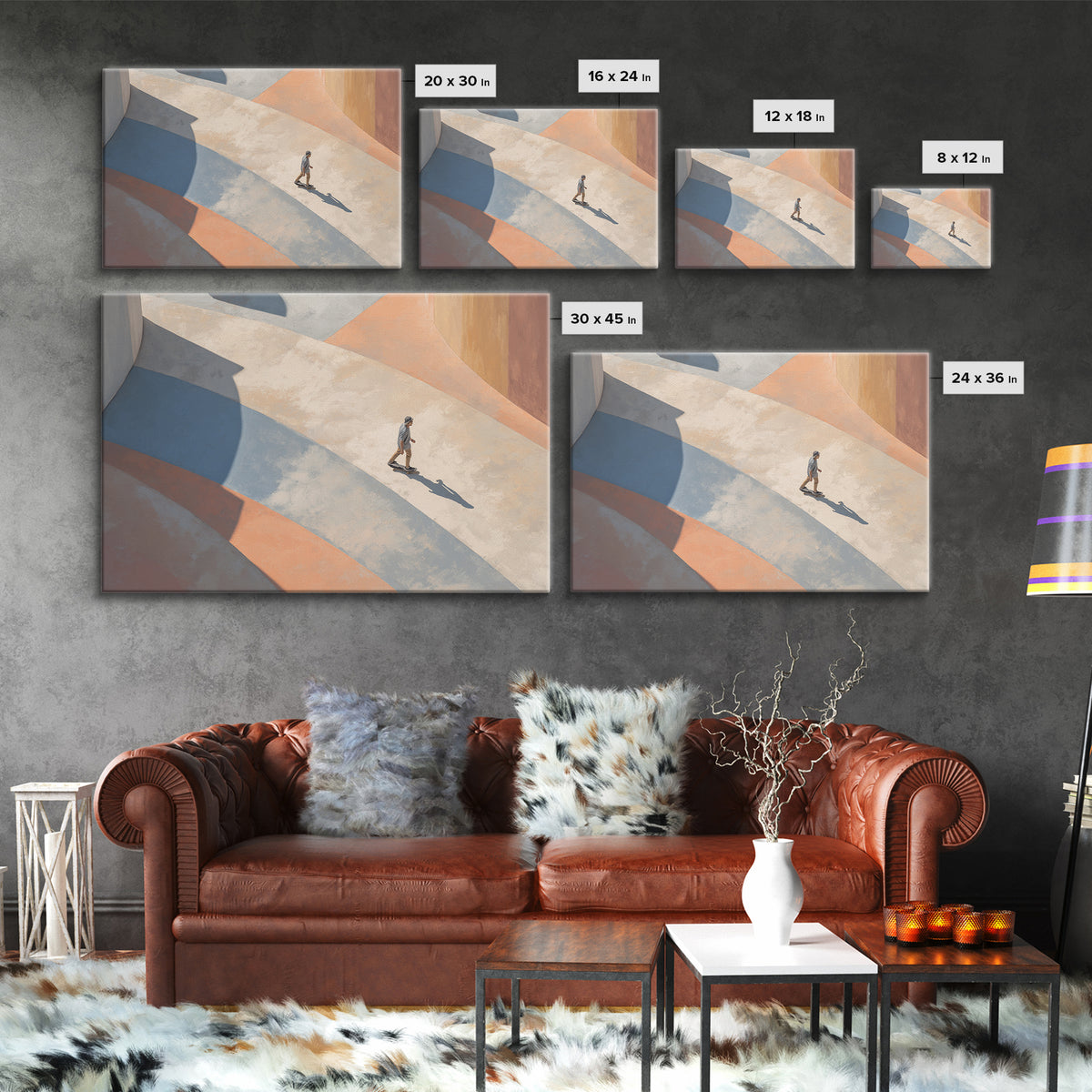 Skateboarder Crossing a Concrete Plaza Canvas Print, Urban Art, Wall Art, Living Room Decor, Fine Art, Urban, Digital Print, URB-3x2-83
