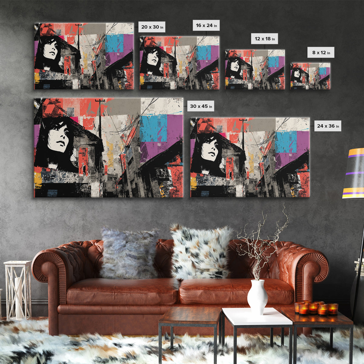 Graffiti Covered Alley Rendered as Color Collage Framed Canvas Print, Urban Art, Fine Art Print, Living Room Decor, Urban, URB-3x2-87