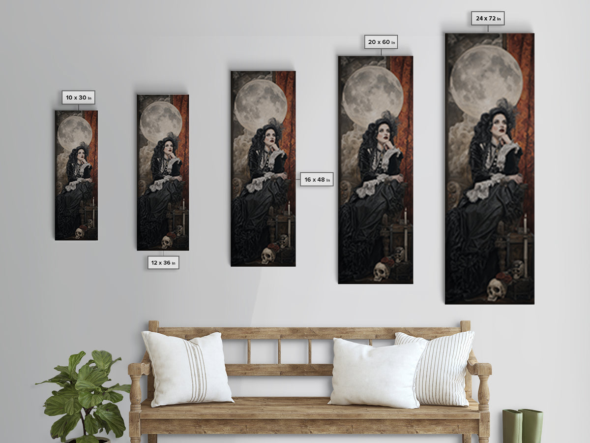 The Moonlit Witch, Dark Academia Wall Art, Tall Narrow Wall Art, Canvas Print, Gothic Wall Decor, Halloween Portrait Art