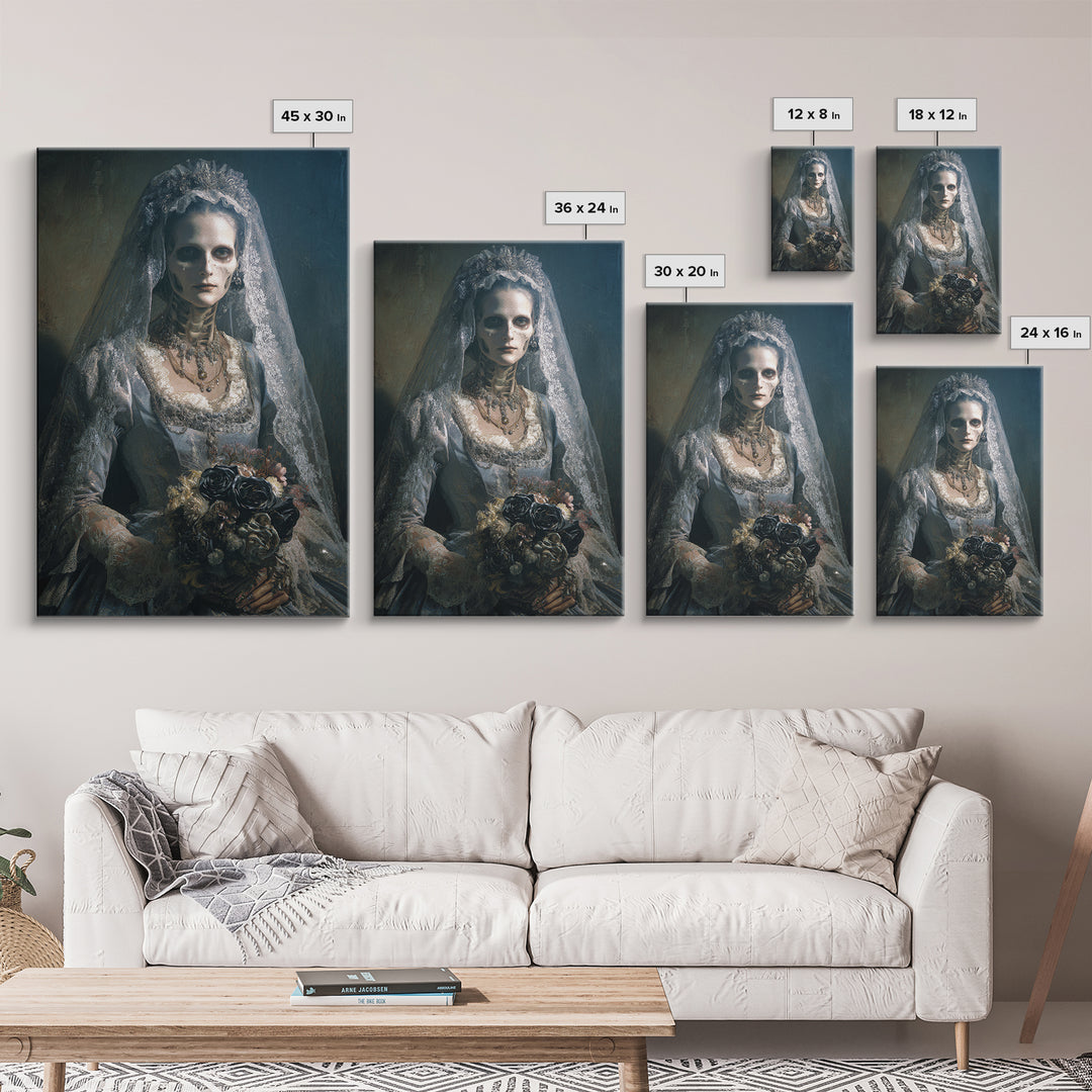 The Skeletal Bride, Dark Academia Wall Art, Vertical Wall Art, Framed Canvas Print, Gothic Wall Decor, Halloween Portrait Art