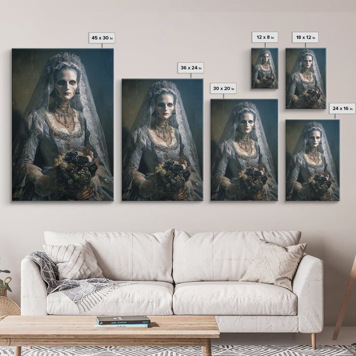 The Skeletal Bride, Dark Academia Wall Art, Vertical Wall Art, Framed Canvas Print, Gothic Wall Decor, Halloween Portrait Art