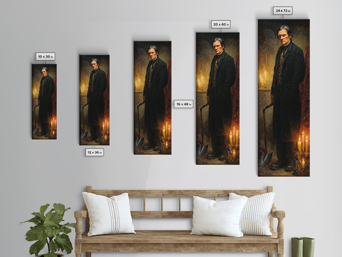 The Lantern Gravedigger, Victorian Gothic Art, Tall Narrow Wall Art, Framed Canvas Print, Gothic Wall Decor, Halloween Portrait Art