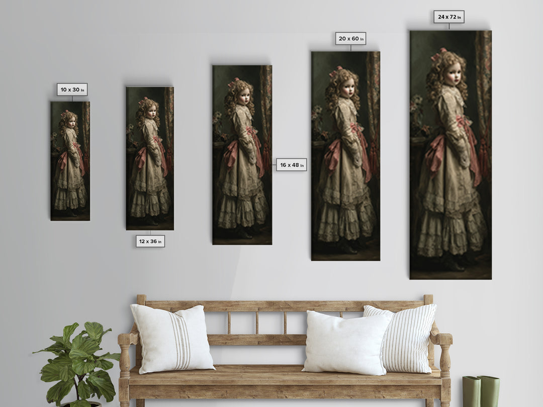 The Haunted Porcelain Doll, Antique Gothic Portrait, Tall Narrow Wall Art, Framed Canvas Print, Gothic Wall Decor, Halloween Portrait Art