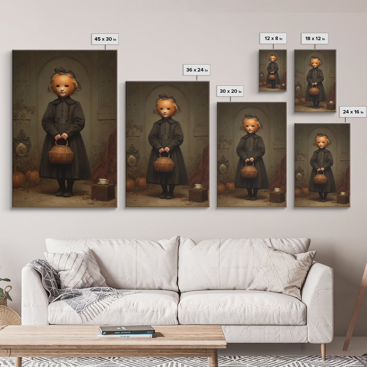 The Pumpkin-Headed Child, Dark Academia Wall Art, Vertical Wall Art, Canvas Print, Gothic Wall Decor, Halloween Portrait Art