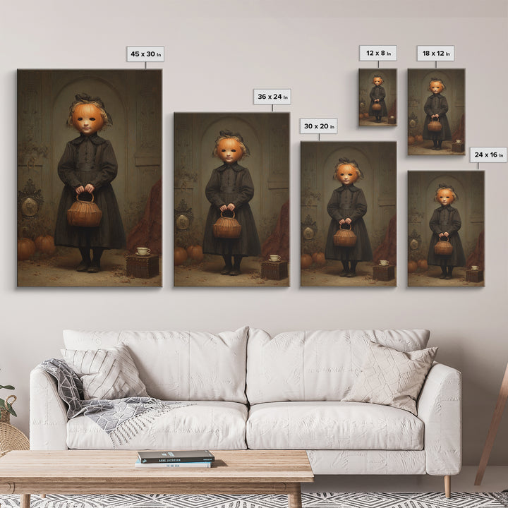 The Pumpkin-Headed Child, Dark Academia Wall Art, Vertical Wall Art, Canvas Print, Gothic Wall Decor, Halloween Portrait Art
