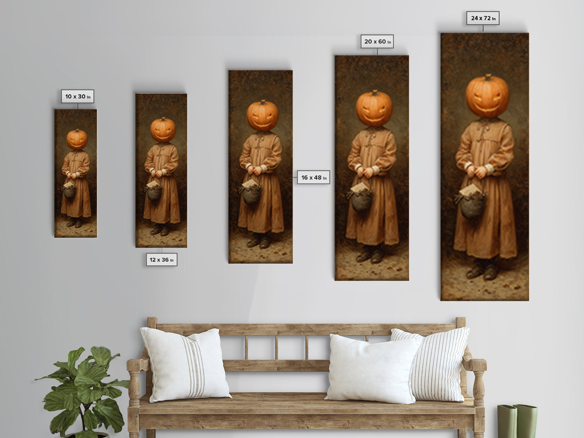 The Pumpkin-Headed Child, Victorian Gothic Art, Tall Narrow Wall Art, Framed Canvas Print, Gothic Wall Decor, Halloween Portrait Art