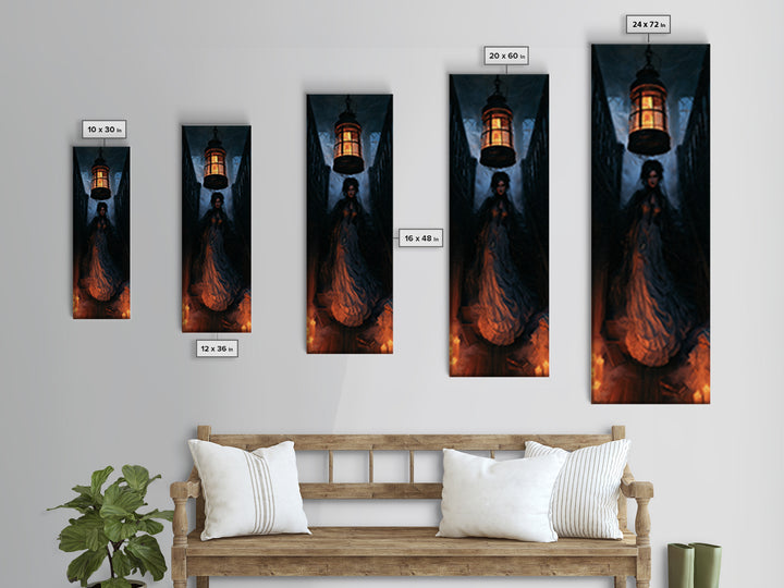 The Lantern Specter, Dark Academia Wall Art, Tall Narrow Wall Art, Framed Canvas Print, Gothic Wall Decor, Halloween Portrait Art