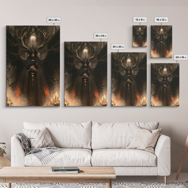 The Antlered Forest Spirit, Macabre Victorian Decor, Vertical Wall Art, Framed Canvas Print, Gothic Wall Decor, Halloween Portrait Art