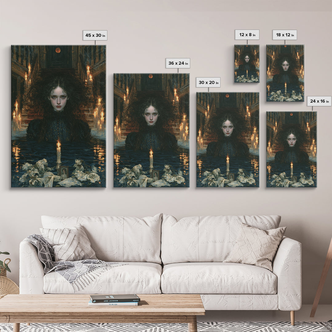 The Lake Phantom, Antique Gothic Portrait, Vertical Wall Art, Framed Canvas Print, Gothic Wall Decor, Halloween Portrait Art