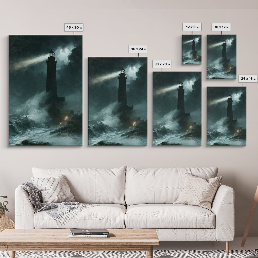 The Cursed Lighthouse, Macabre Victorian Decor, Vertical Wall Art, Framed Canvas Print, Gothic Wall Decor, Halloween Portrait Art