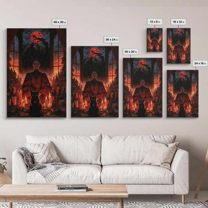 The Black Cat Gathering, Macabre Victorian Decor, Vertical Wall Art, Framed Canvas Print, Gothic Wall Decor, Halloween Portrait Art