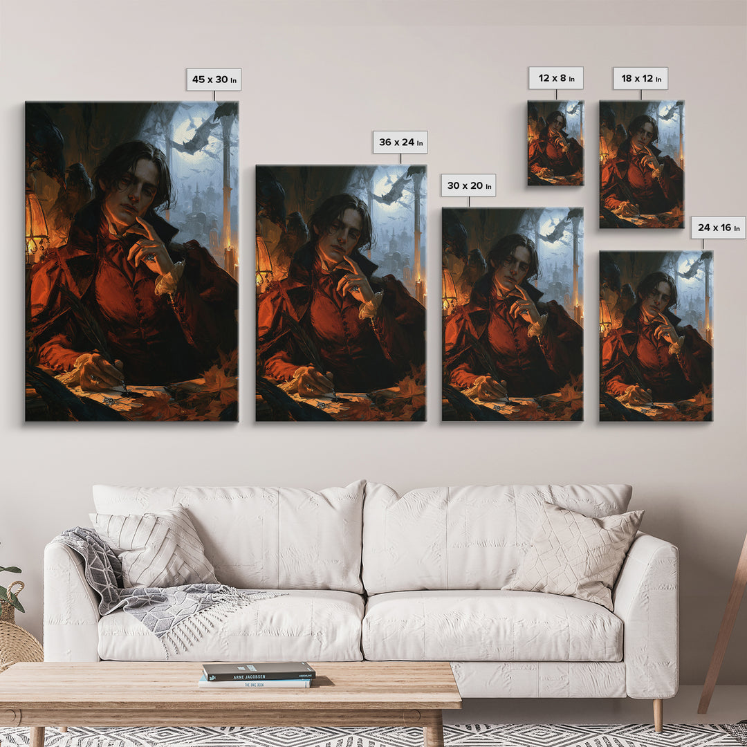 The Raven-Feather Quill, Dark Academia Wall Art, Vertical Wall Art, Canvas Print, Gothic Wall Decor, Halloween Portrait Art, Horror Wall Art
