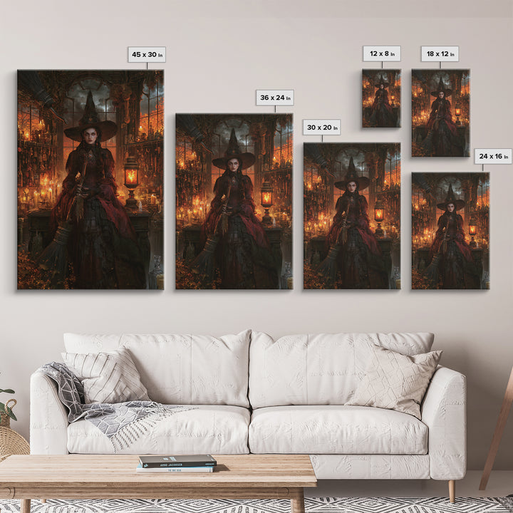 The Witch'S Broom, Dark Academia Wall Art, Vertical Wall Art, Framed Canvas Print, Gothic Wall Decor, Halloween Portrait Art