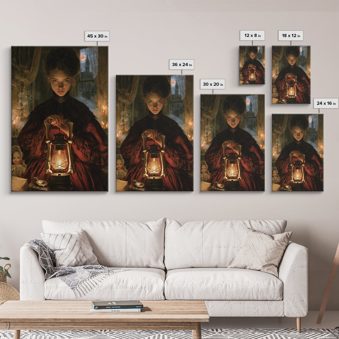 The Bone-Handled Lantern, Antique Gothic Portrait, Vertical Wall Art, Canvas Print, Gothic Wall Decor, Halloween Portrait Art