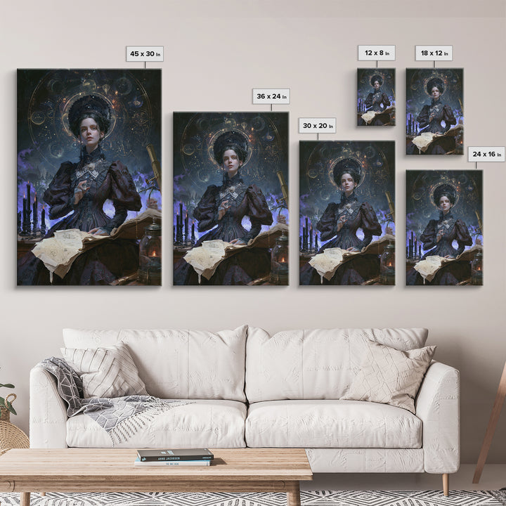Celestial Witchcraft, Victorian Horror Portrait, Vertical Wall Art, Framed Canvas Print, Gothic Wall Decor, Halloween Portrait Art