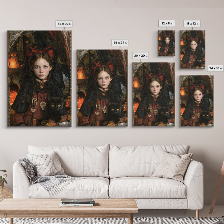 Black Lace And Cobwebs, Antique Gothic Portrait, Vertical Wall Art, Framed Canvas Print, Gothic Wall Decor, Halloween Portrait Art