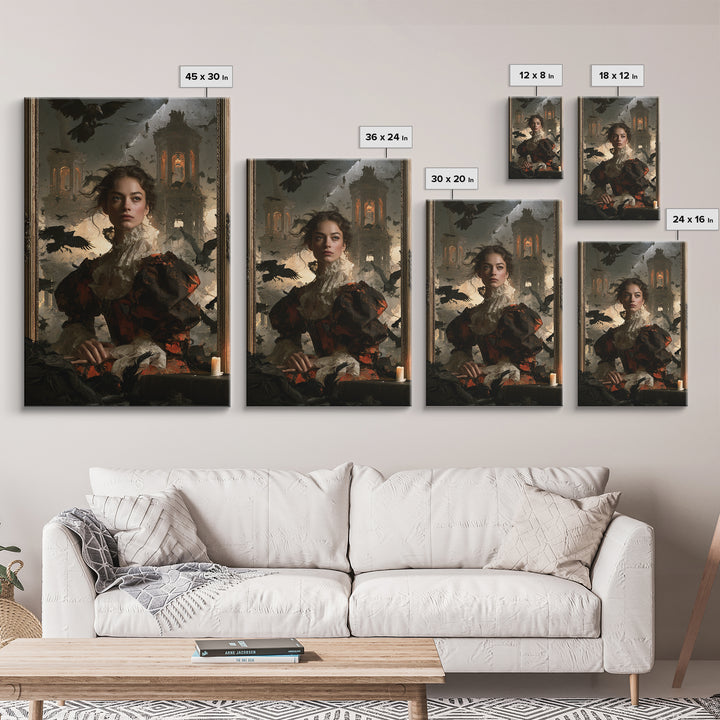 Ravens And Ruins, Victorian Gothic Art, Vertical Wall Art, Framed Canvas Print, Gothic Wall Decor, Halloween Portrait Art