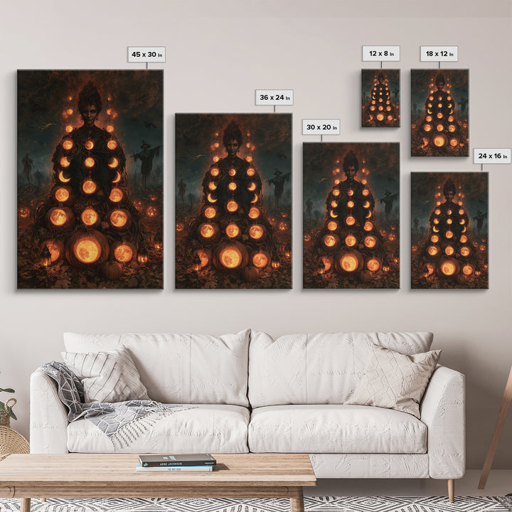 Pumpkins And Moon Phases, Victorian Horror Portrait, Vertical Wall Art, Canvas Print, Gothic Wall Decor, Halloween Portrait Art