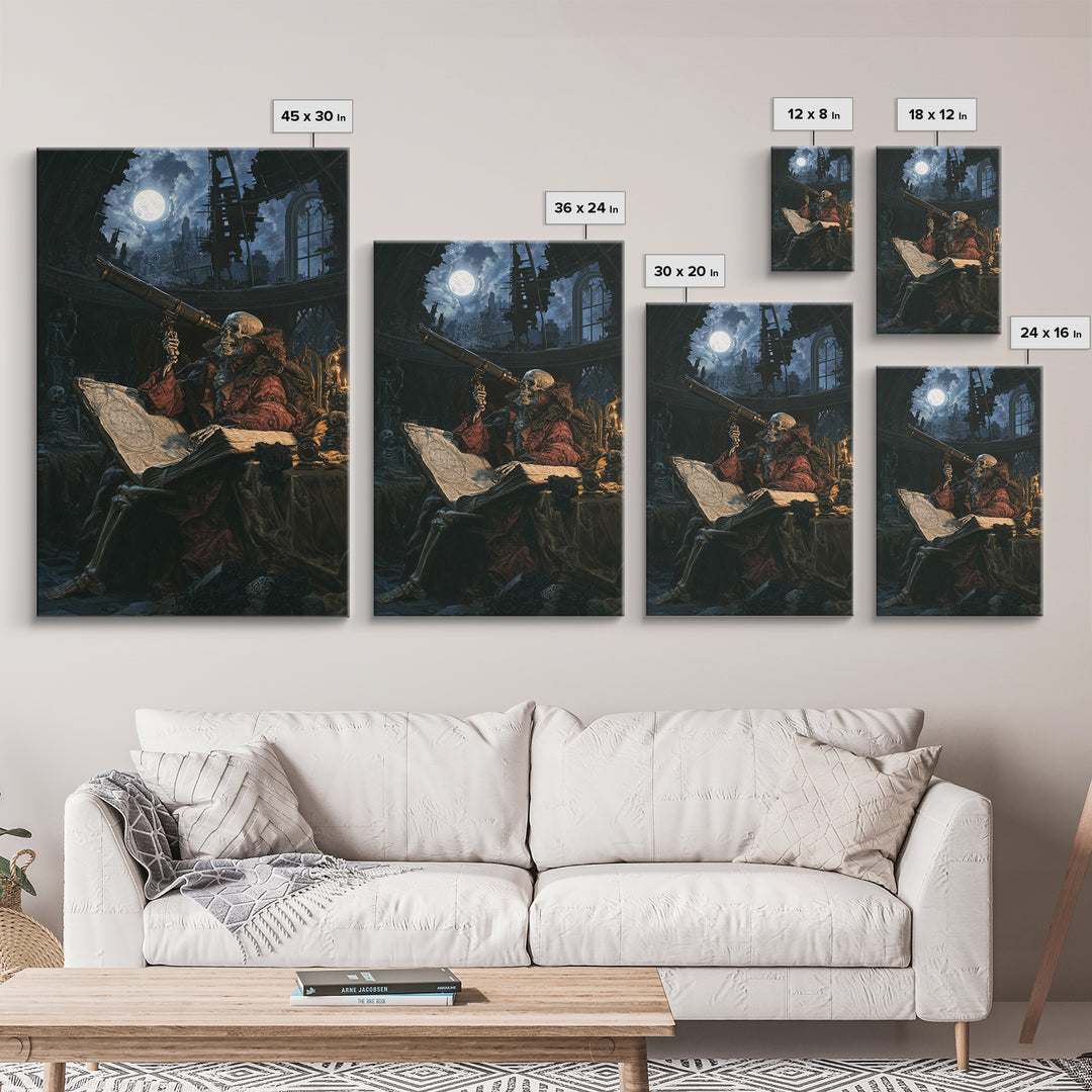 The Skull Astronomer, Victorian Horror Portrait, Vertical Wall Art, Framed Canvas Print, Gothic Wall Decor, Halloween Portrait Art