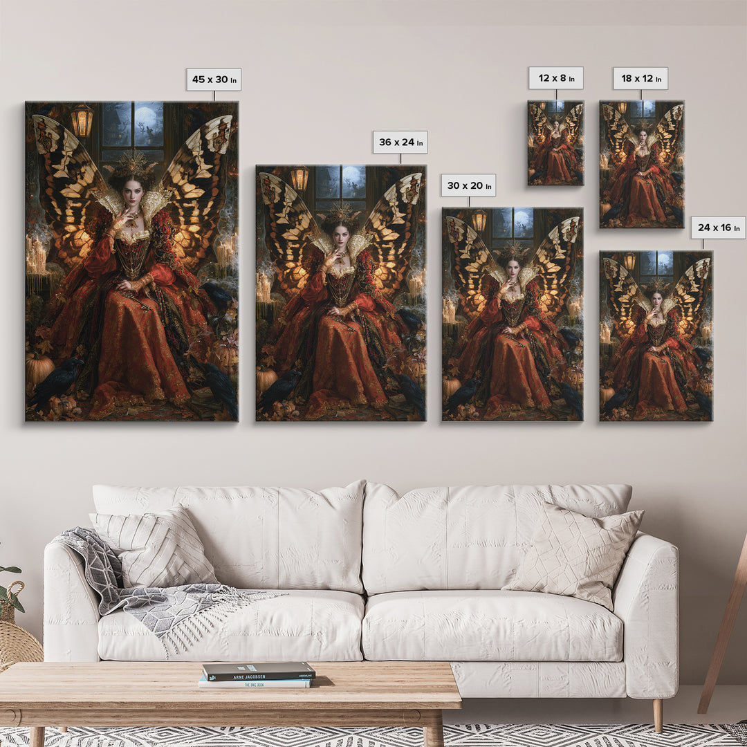 The Moth-Winged Empress, Antique Gothic Portrait, Vertical Wall Art, Framed Canvas Print, Gothic Wall Decor, Halloween Portrait Art