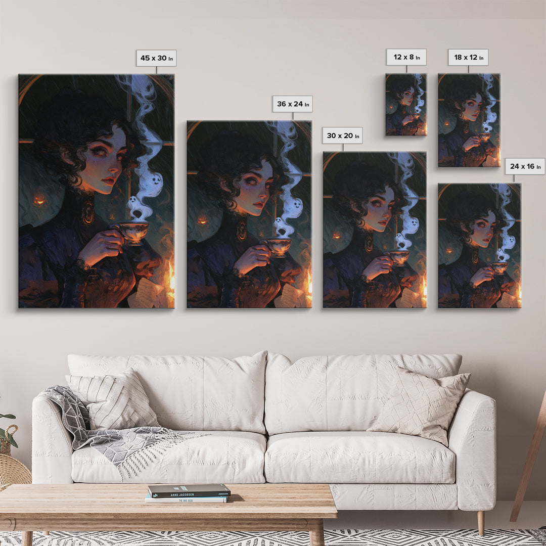 Tiny Ghosts In Teacups, Victorian Horror Portrait, Vertical Wall Art, Canvas Print, Gothic Wall Decor, Halloween Portrait Art