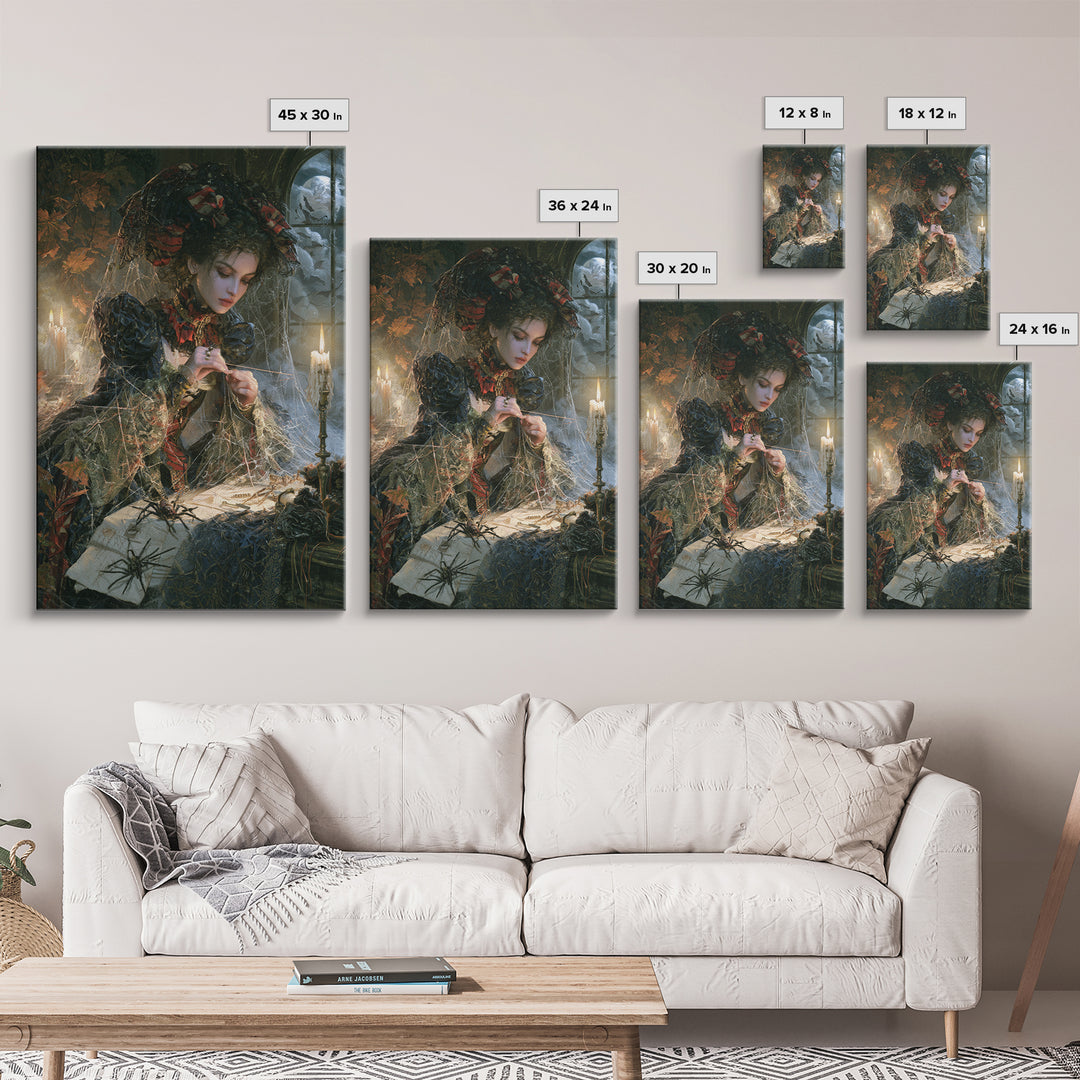 The Spider Sewing Circle, Victorian Horror Portrait, Vertical Wall Art, Framed Canvas Print, Gothic Wall Decor, Halloween Portrait Art