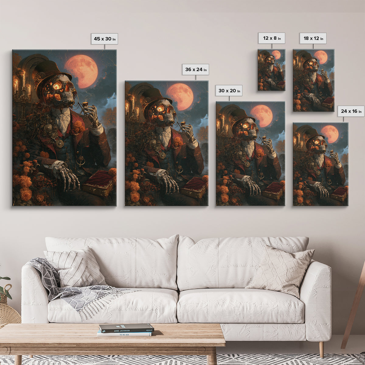 The Biomechanical Skeleton, Antique Gothic Portrait, Vertical Wall Art, Canvas Print, Gothic Wall Decor, Halloween Portrait Art